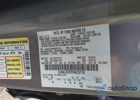 2015 Lincoln Mkz из США, поврежденный, VIN 3LN6L2G92FR623710